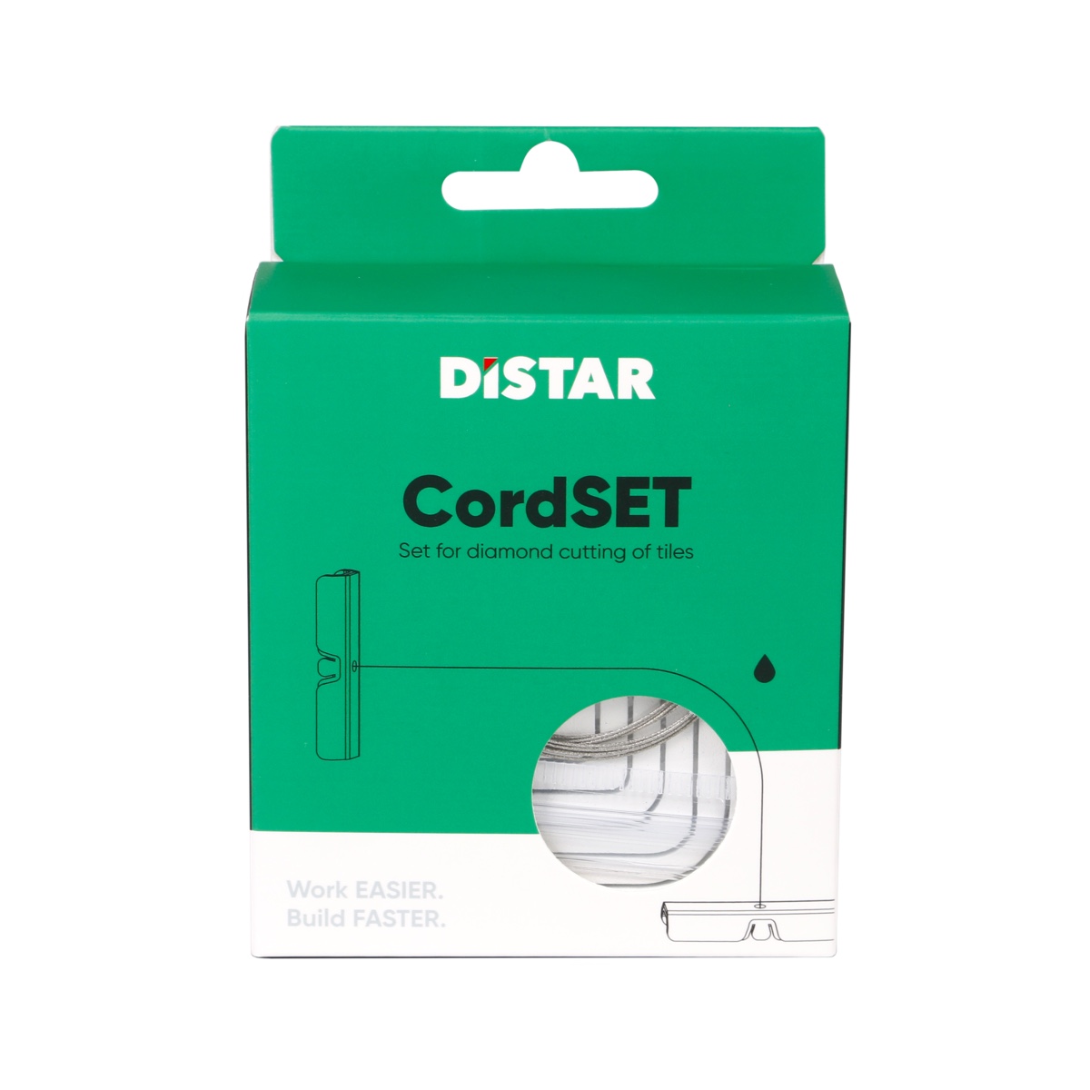 Distar CordSET, teemanttraat, plaatide lõikamise komplekt, portselanplaatide lõikamine, keraamiliste plaatide lõikamine, raadiuse lõikamine, ümardatud nurkade lõikamine, L-lõike komplekt, teemanttraadiga lõikamine, Distar teemanttraat